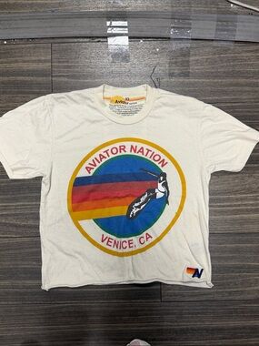 Aviator Nation White Short Sleeve Graphic Tee with Multicolor Round Logo